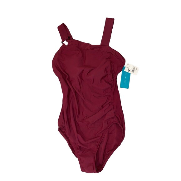 Aqua Green One Piece Bathing Suit Size Medium Slant Front Burgundy High Leg NWT - Picture 1 of 7